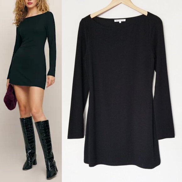 REFORMATION Jaelynn Knit Dress S Black Boat Neck Long Sleeve Mini $148 Tencel - Picture 4 of 15